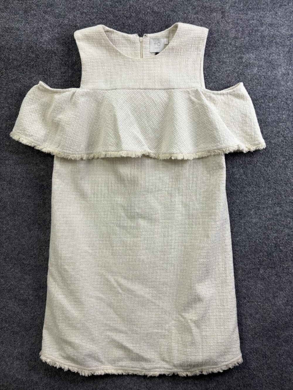 HD In Paris Dress Womens Large White Tweed Ruffle Off‎ Shoulder Sheath Short
